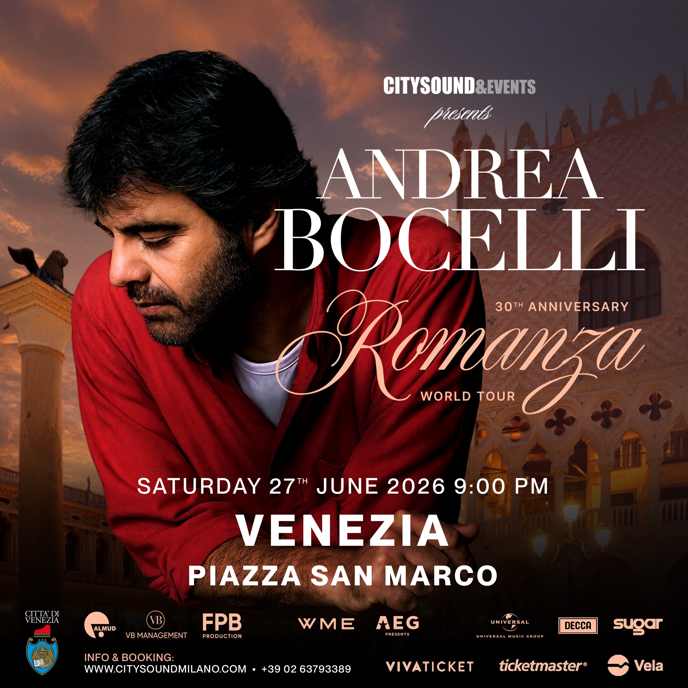 ANDREA BOCELLI PIAZZA SAN MARCO VENEZIA 2026 City Sound Milano Citysound Milano Andrea Bocelli Piazza San Marco Venezia 27 Giugno 2026 Square 