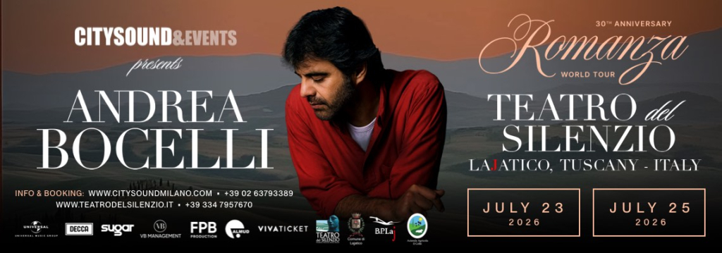 ANDREA BOCELLI TEATRO DEL SILENZIO 2026 City Sound Milano Citysound Milano Teatro Del Silenzio Andrea Bocelli 23 25 Luglio 2026 Portrait 1024x359 